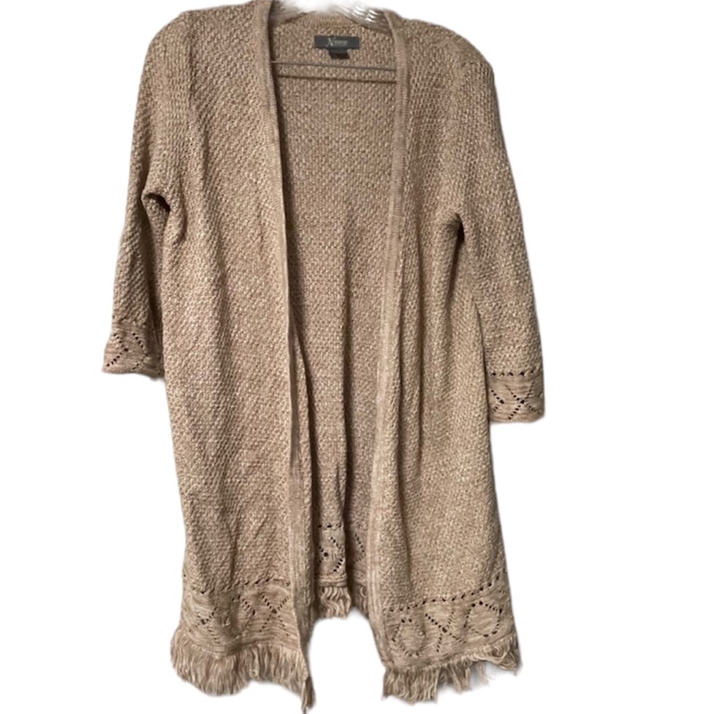 Natural Reflections Tan Open Cardigan With Fringe 3/4 Sleeves Size Small